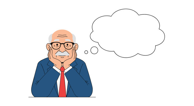 Thoughtful elderly man in professional suit leans on hands with empty thought bubble representing reflection and planning for future.