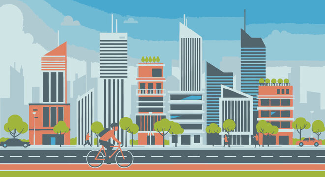 Modern city skyline with person cycling on bike path