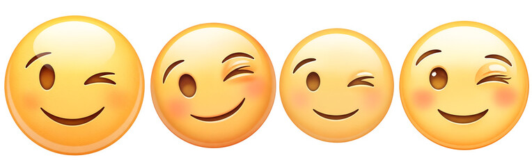 Four distinct yellow winking emojis displaying playful facial expressions and happy emotions presented as a set on transparent background