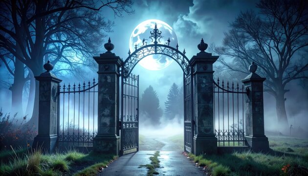 Dramatic iron gate entrance under full moon in a foggy night scene