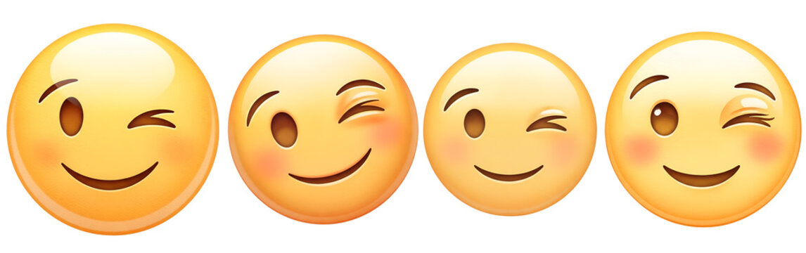 Four distinct yellow winking emojis displaying playful facial expressions and happy emotions presented as a set on transparent background