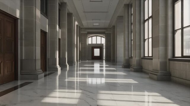 Grand Marble Corridor With Tall Columns And Windows.
