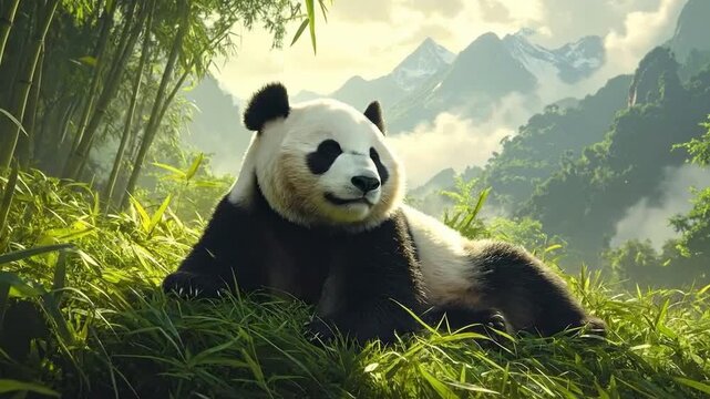 A cute panda relaxing in a lush green bamboo forest with mountains