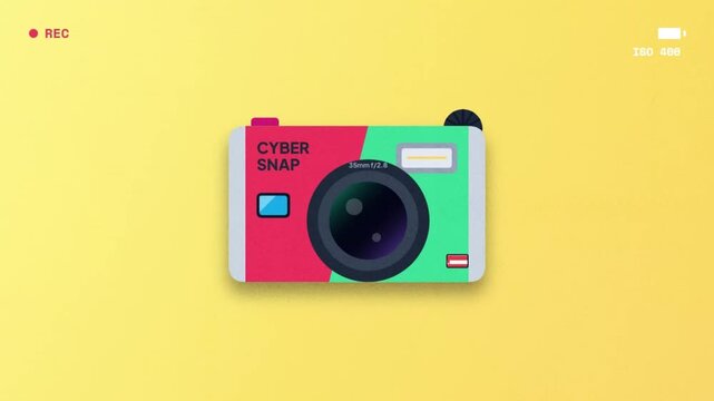 Retro 2D Animated Digital Camera with Recording Interface on Yellow Background
