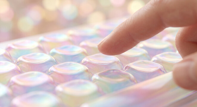 Finger pressing a key on an iridescent bubble keyboard