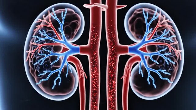3D Medical Animation of Human Kidneys Anatomy: Close-up of Renal System with Blood Vessels and Internal Filtration Process for Healthcare and Science Education.