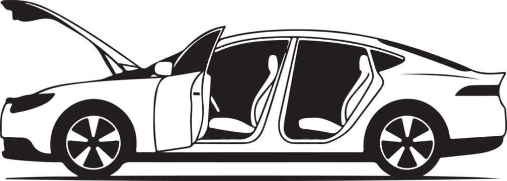 Modern sedan car with open rear doors and trunk