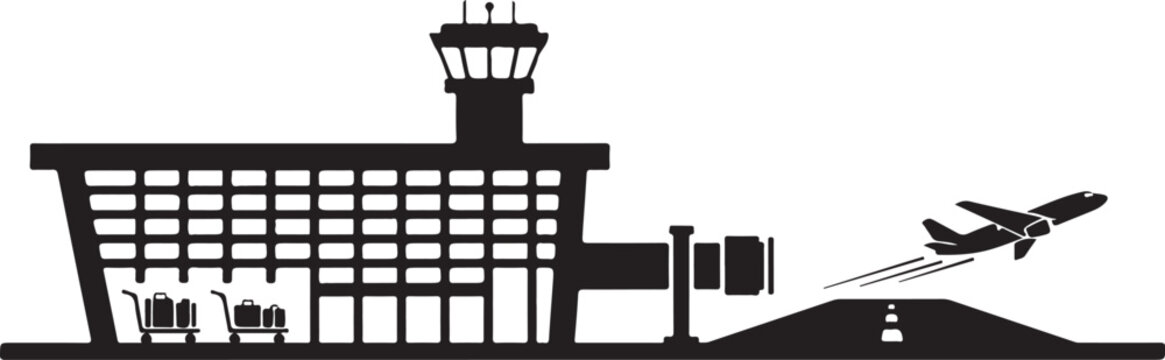 Black silhouette airport terminal building with airplane