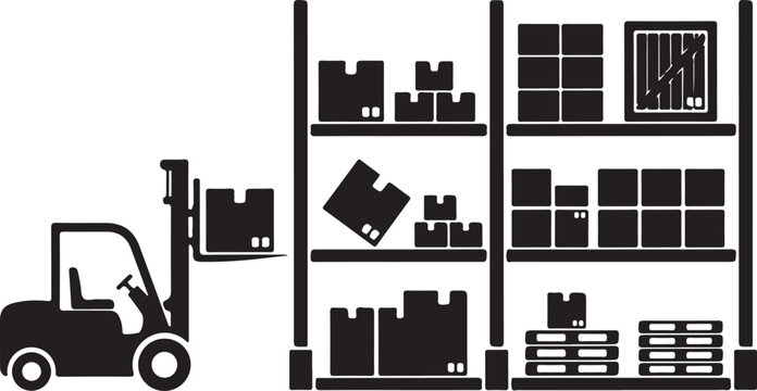 Black silhouette of forklift and warehouse shelving