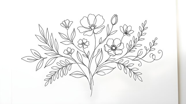 Monoline botanical line art bundle with floral elements, seamless minimal black outline pattern