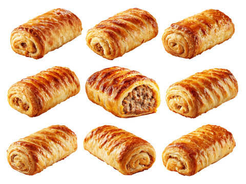 Set of Australia Sausage roll puff pastry filled with minced meat, golden flaky crust on white background, baked snack or meal