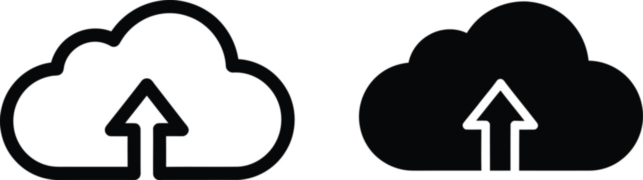 Black cloud icons with upward pointing arrows representing data transfer and internet storage upload functions
