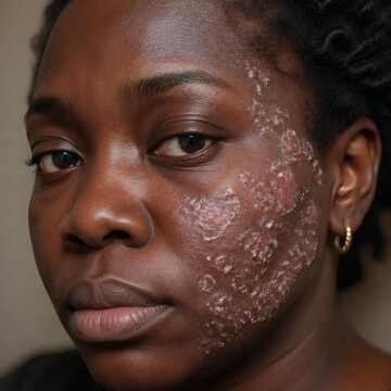 high resolution close up of psoriasis on black woman s face dark brown skin red inflammation flaky patches serious expression natural lighting shallow depth of field intimate vulnerability awareness c