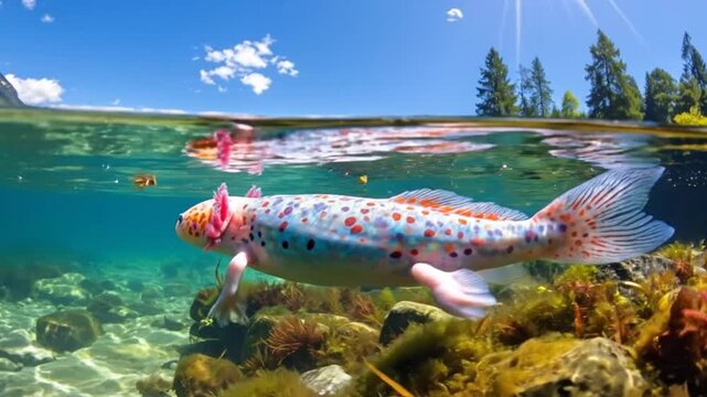 A colorful aquatic creature swims in clear water with plants and sunlight