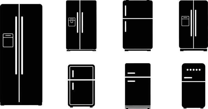Set of eight eps isolated black and white refrigerators on a transparent background.