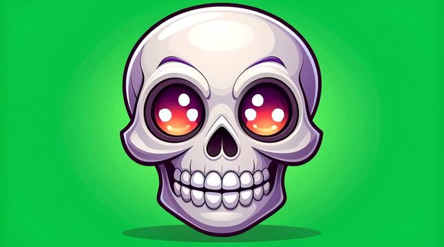 A vibrant cartoon skull illustration features a smiling skeleton head with glowing eyes on a green background.