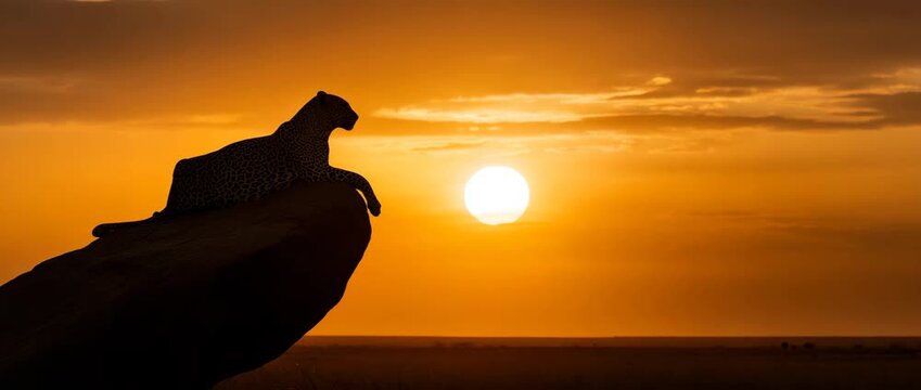 A majestic leopard relaxes on a rocky outcrop during golden sunset.