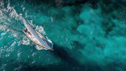 Obraz premium High Angle View of a Luxurious Sailboat Gliding Through Turquoise Tropical Ocean Waters