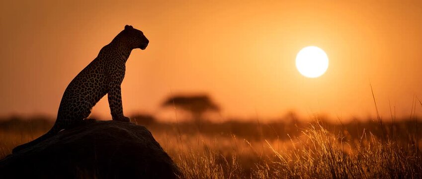 A majestic leopard relaxes on a rocky outcrop during golden sunset.