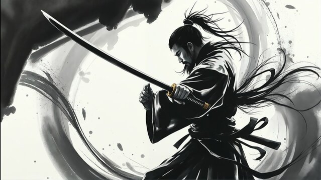 Dynamic Samurai Warrior with Katana Sword in Traditional Sumi e Ink Wash Style