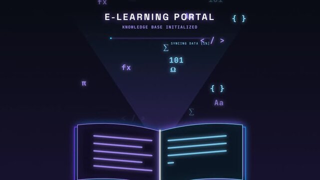 Futuristic E-Learning Portal Animation with Floating Scientific Symbols and Open Digital Book Interface