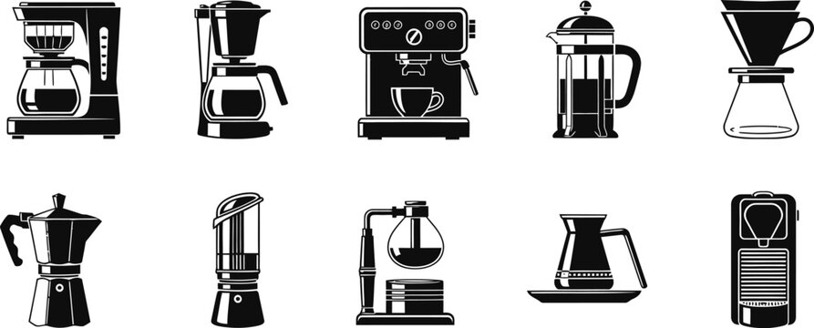 Set of coffee maker machine icons with various brewing styles eps vector flat illustration.