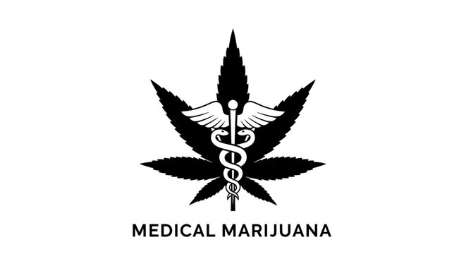 Medical Cannabis Logo with Caduceus Symbol and Cannabis Leaf.