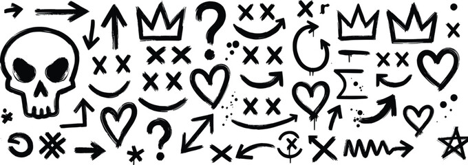 Obraz premium Set of hand drawn doodle graffiti elements including skulls crowns hearts arrows question marks and cross eyes signs.