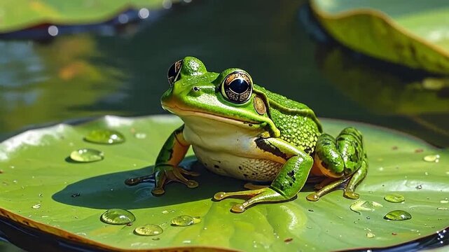A vibrant green frog resting on a lily pad in a tranquil pond setting