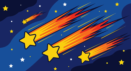 Fototapeta premium Illustration of shooting stars streaking across a dark blue starry night sky