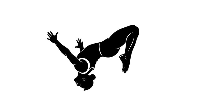 Black silhouette of a female athlete performing a backflip or gymnastic move in mid-air. Isolated on a white background.