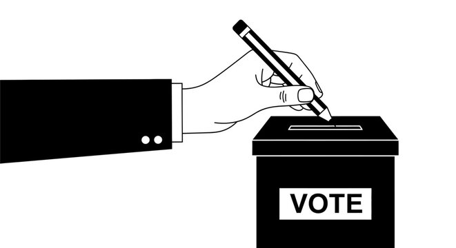 Silhouette of a person voting with a pencil and ballot box, clean line art isolated on white background.