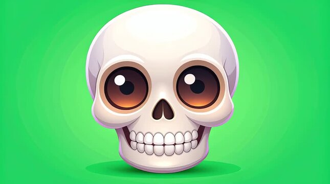 A cheerful skull illustration with big eyes and a smile on a green background