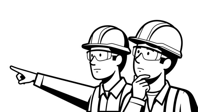 Two construction workers wearing hard hats and safety glasses, one pointing forward, flat 2D monochrome vector illustration.