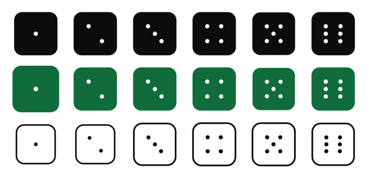 Dice icon set with all six faces in black color in outline style. Ludo game dice symbols in outline style. Set of six sides of a dice icon in black color.