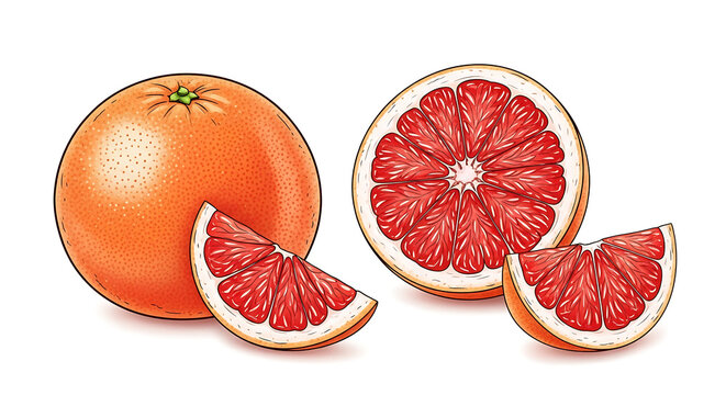 Whole and sliced ruby red grapefruit with segments, isolated on a white background, fresh citrus fruit illustration, juicy and vibrant