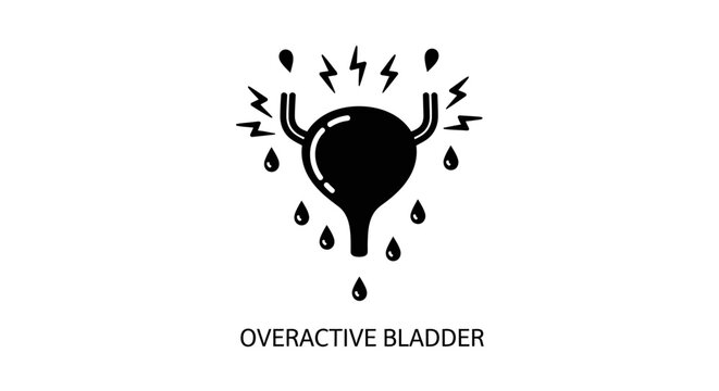 Overactive bladder (OAB) medical icon, black and white vector illustration of urinary bladder with lightning and droplets