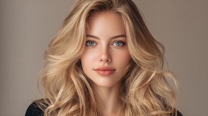 Fototapeta premium Beautiful blonde woman with flowing wavy hair and soft makeup, studio portrait