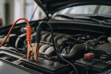 Fototapeta premium Connecting Jumper Cables to a Car Battery to Jump Start a Dead Engine Under the Hood