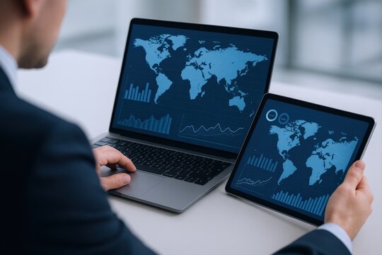 Businessman analyzing global financial data on laptop and tablet with world map charts