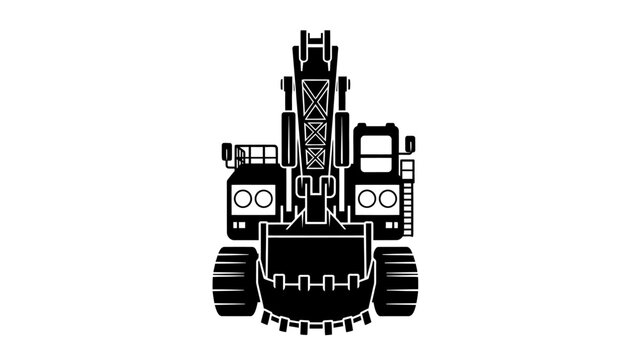 Front view vector illustration of a heavy excavator with continuous tracks, black and white.