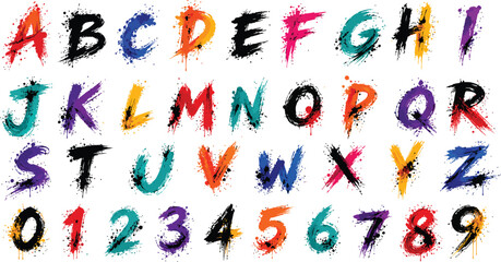 Graffiti alphabet vector set, colorful paint splash font with numbers, urban street art typography collection, grunge spray splatter letters © Muhammad