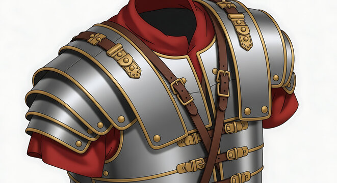 Roman legionary lorica segmentata armor, historical military chest plate with red tunic underneath, detailed metallic plates and leather straps, ancient warrior attire, historical reenactment
