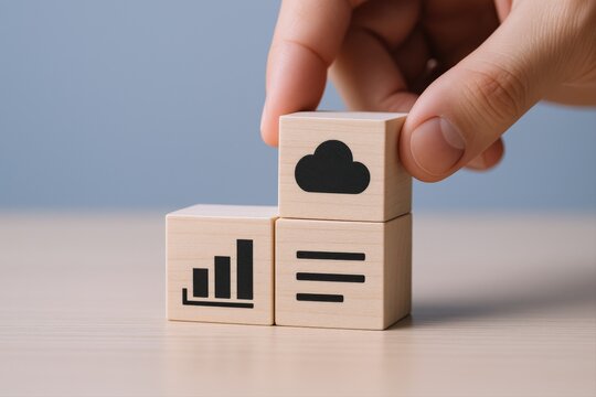 Hand stacking wooden cubes with cloud, graph, and text icons representing data analytics and cloud computing growth