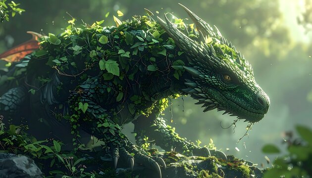A large green lizard covered in leaves and vines