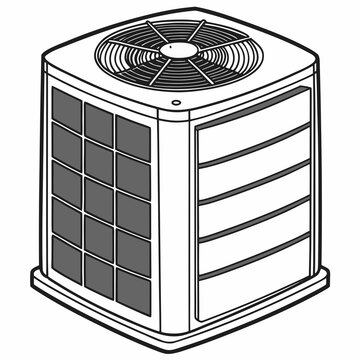 Isometric illustration of an outdoor air conditioning unit with the unit features a fan on top and ventilation grilles on the sides ac unit heat pump climate control line art building systems