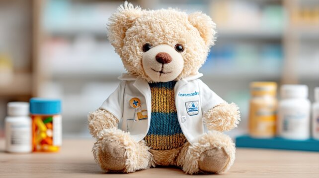 Adorable teddy bear wearing a doctor's coat and nurse's scrubs, sitting in a pharmacy setting with medication bottles.
