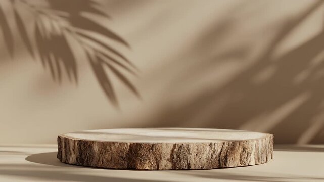 Wooden slab rests in sunlight, palm shadows whisper, nature&rsquo;s harmony glows in tranquil simplicity.
