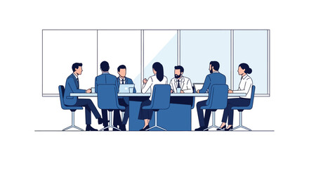Fototapeta premium Diverse Business Professionals Having a Strategic Meeting Around a Conference Table, Minimalist Flat Vector Illustration of Corporate Teamwork and Modern Boardroom Collaboration