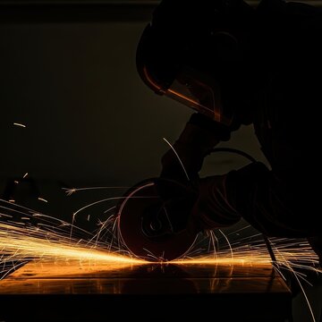 Close-up of Industrial Angle Grinder Cutting Metal with Flying Sparks